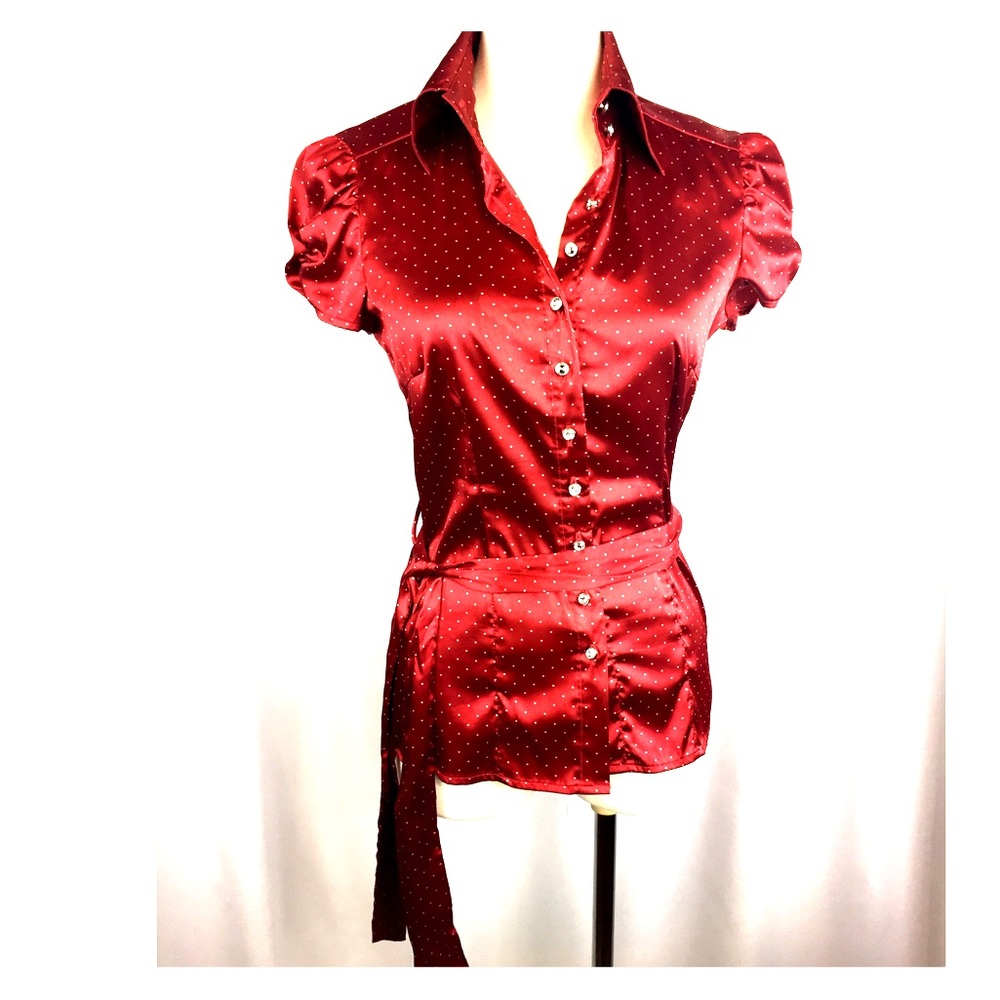 Red satin short sleeve size small blouse